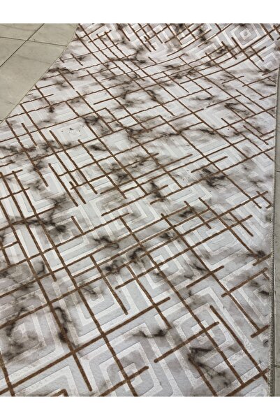 Sarar Kabartmalı Halı Dokusunda Jel Kaymaz Taban Yıkanabilir Yumuşak Kesme Yolluk Üst Kalite Kahve Çizgili