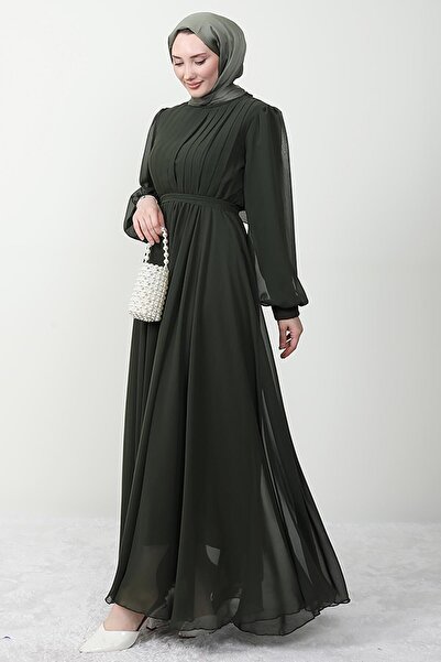 Giza Giyim Φόρεμα από σιφόν με ελαστική μέση, πλισέ, χακί