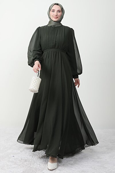 Giza Giyim Φόρεμα από σιφόν με ελαστική μέση, πλισέ, χακί