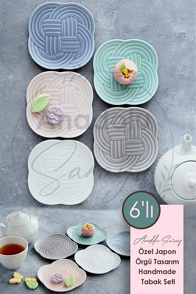 Anadolu Saray 6-Piece Colorful Japanese Knitted Design - Handmade Cake Plate Set, 6 Pcs Dessert Breakfast
