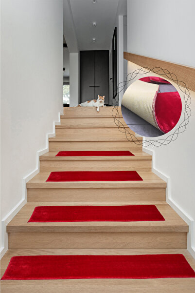 Teksev Comfort Bordo Renk (5 ADET) Merdiven Halısı Pufidik Peluş Kaymaz Deri ...
