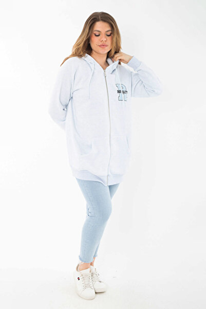 Şans Kadın Büyük Beden Mavi İçi Şardonlu Ön Fermuar Ve Kapşonlu Sweatshirt 65N37405