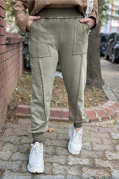 AYASOFYA OTANTIK Women's Khaki Washed Trousers with Elastic Waist and Leg Pockets