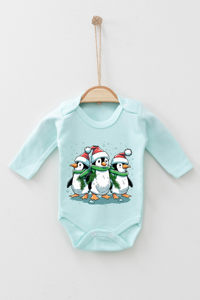 ADABEBEK %100 Pamuk Organik Sevimli Penguenler Christmas Uzun Kollu Body Badi...