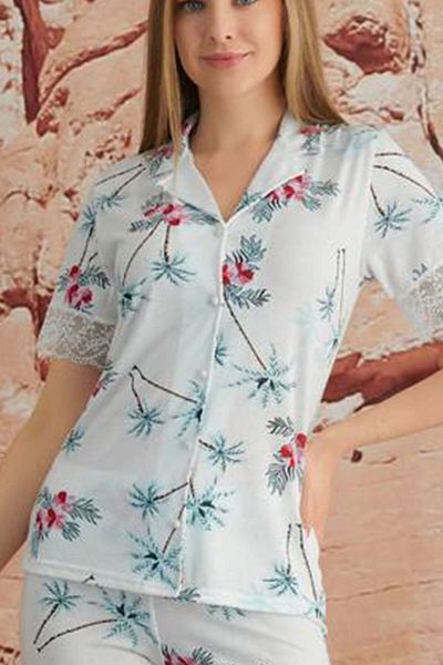 Mihra 90424-5 Floral Patterned Short Sleeve Shirt Lace Leg White Women's Pajamas Set