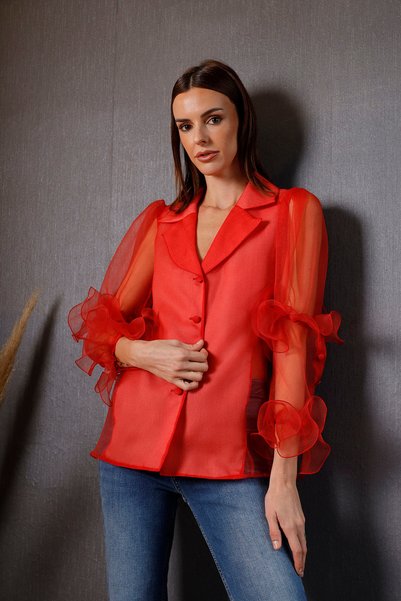 aylin yılmaz Swan Red Gömlek Yakalı Volanlı Tasarım Bluz