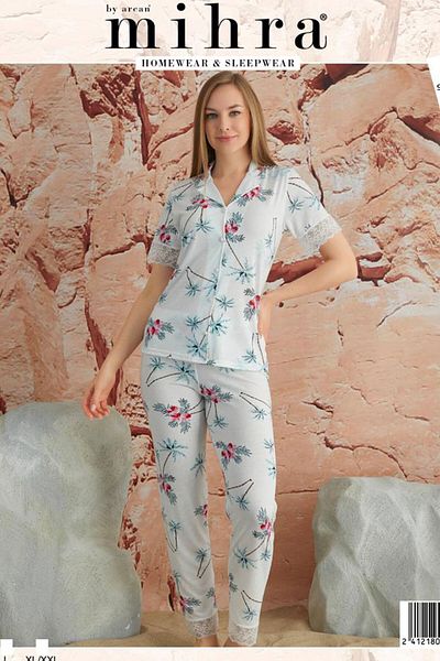 Mihra 90424-5 Floral Patterned Short Sleeve Shirt Lace Leg White Women's Pajamas Set