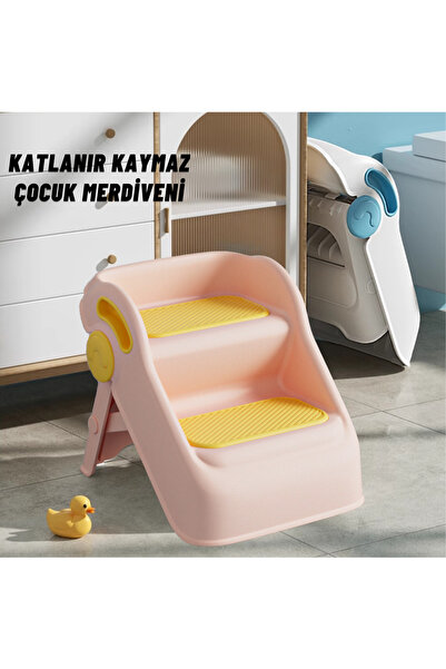 DEKOHOP Çocuk Taburesi Katlanabilir Kaymaz İki Basamaklı Merdiven Çocuk Banyo...