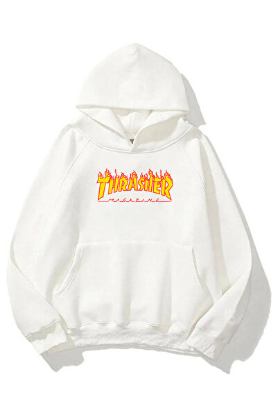 Fumood White Trasher Magazine Printed Unisex Oversize Hooded Sweatshirt