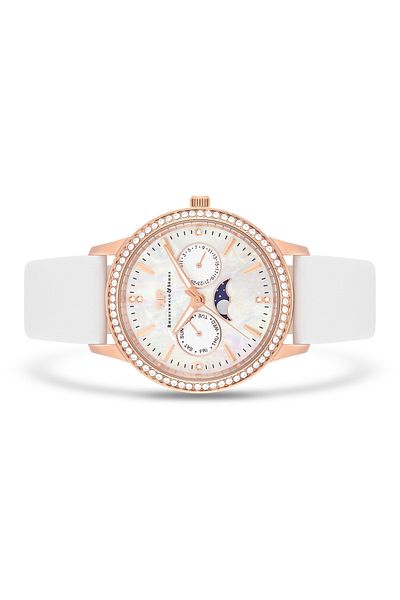 Rhodenwald & Söhne Çok Fonksiyonlu Damen Çoklu Fonksiyonsuhr roségold Echtleder weiß
