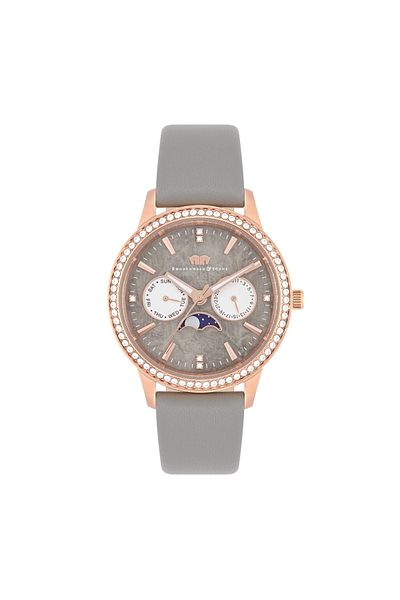 Rhodenwald & Söhne Multifunktions Damen Multifunktionsuhr roségold Echtleder grau