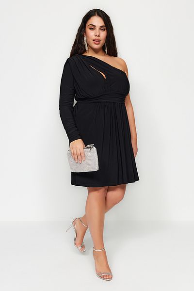 Trendyol Curve Black Waist Opening Single Sleeve Long Knitted Dress TBBSS23AH00258