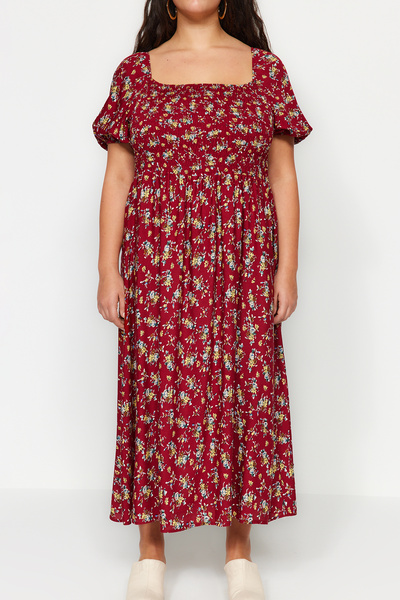 Trendyol Curve Burgundowa wzorzysta sukienka z elastycznej tkaniny na klatce piersiowej TBBSS22EL1611