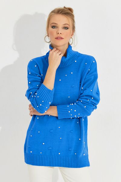 Cool & Sexy سترة تريكو نسائية ذات ياقة مدورة زرقاء ولؤلؤ MSS129