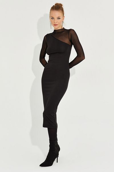 Cool & Sexy Dámské černé tylové detailní asymetrické midi šaty EY2601