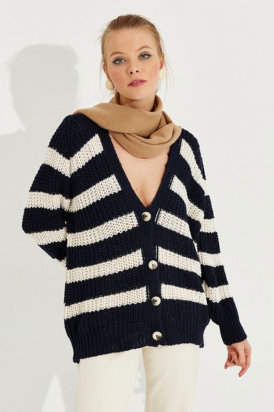 Cool & Sexy Women's Navy Blue Striped Loose Cardigan MİW8061