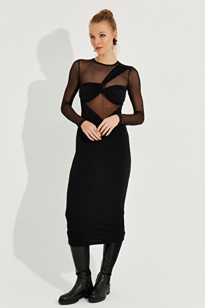 Cool & Sexy Women's Black Tulle Detailed Asymmetrical Midi Dress YEL221394