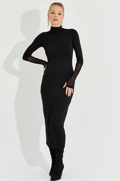 Cool & Sexy Dámské černé tylové detailní midi šaty s rukavicemi EY2600