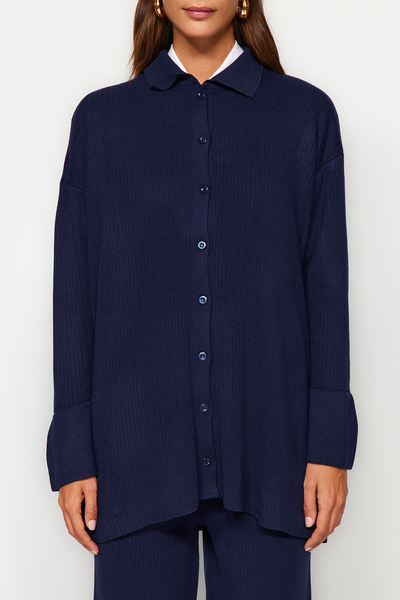 Trendyol Modest Sötétkék hasított részletes kardigán-nadrág kötöttáru szett TCTAW23US00028