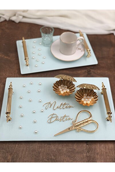 Masalsı Concept İncili Lüks Söz Tepsisi Nişan Tepsisi Yüzük Tepsisi Kız İsteme Tepsisi Makas Yüzüklük Damat Kahvesi