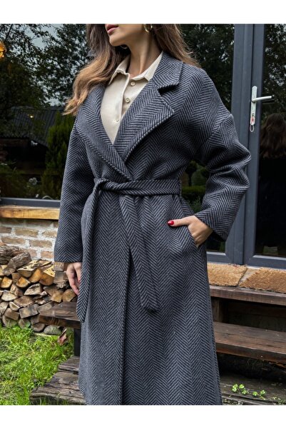 Elif Özbey Butik Antracitový dlouhý kabát s rybím zadním páskem