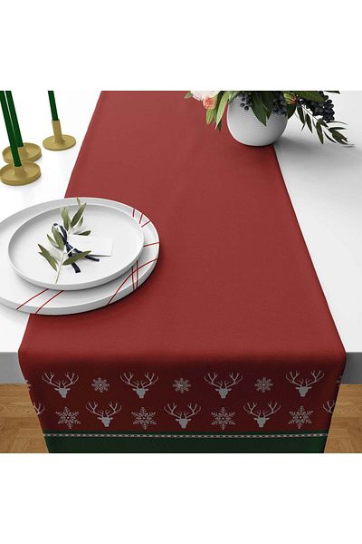 The Lucid Lab Red Christmas Themed Runner Cover with Deer and Snowflakes