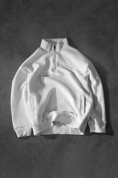 Slatra Men's White Ribbed Half Zipper Pocket Detail Oversize Sweatshirt