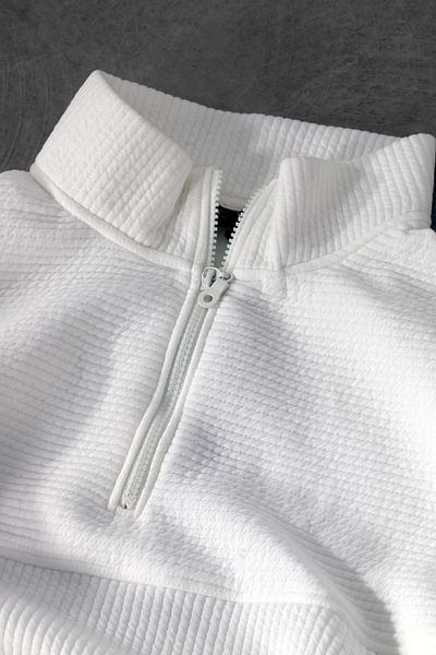 Slatra Men's White Ribbed Half Zipper Pocket Detail Oversize Sweatshirt