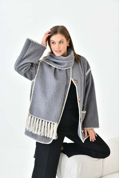 ELİSA Embroidery Detailed Scarf Soft Stamp Coat Scarf Embroidered Double Pocket Stamp Jacket