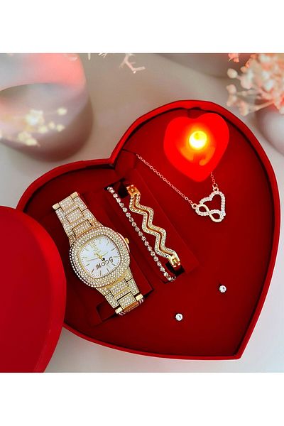 Has Gold Watch Bracelet and Earring Heart Set Box with Gift