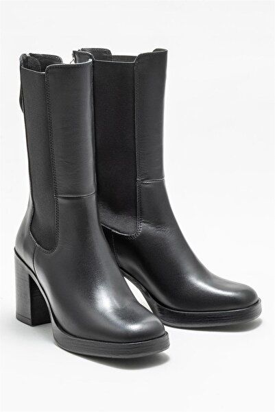 Elle Shoes Siyah Deri Kadın Topuklu Bot