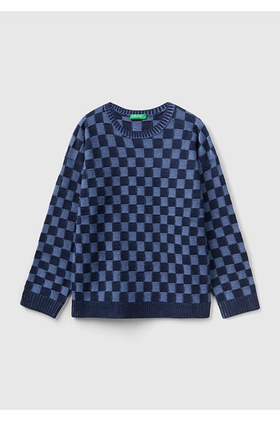 United Colors of Benetton Тъмносин суичър с шарки на микро шах за момче