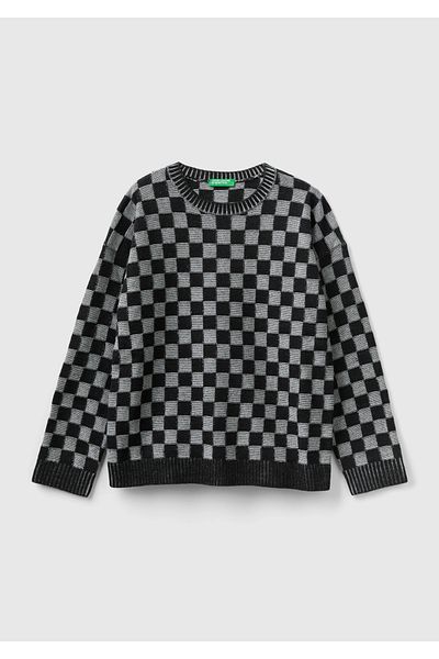 United Colors of Benetton Черен суичър с шарки на микро шах за момче