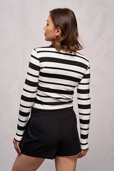 GİYSA Women's Polo Neck Striped Crop Bodysuit