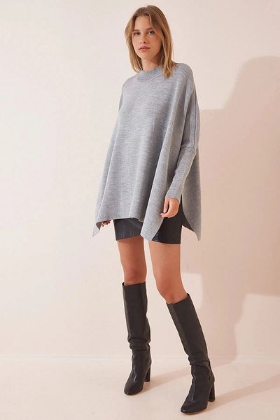 hazelin Women's Gray Oversize Slit Poncho Knitwear Sweater HZL23W-BD1100761