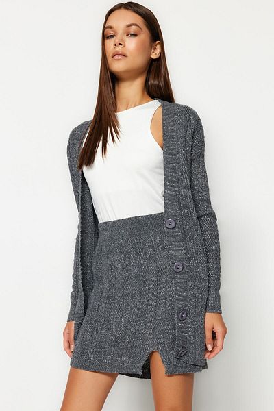 Trendyol Collection Anthracite Glittered Skirt-Cardigan Knitwear Top and Bottom Set TWOAW24AU00090