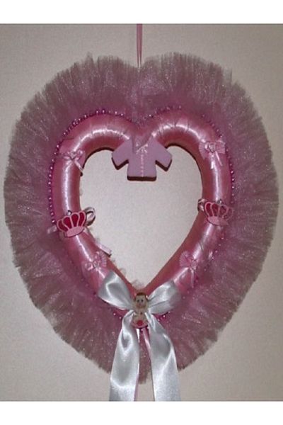 Kazanabil BABY GIRL DOOR DECORATION WITH HEART RIBBON TULLE POMPOM PIN