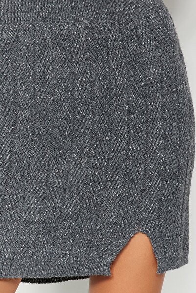 Trendyol Collection Anthracite Glittered Skirt-Cardigan Knitwear Top and Bottom Set TWOAW24AU00090