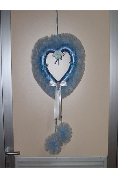 Kazanabil HEART BABY BOY DOOR DECORATION WITH RIBBON TULLE PONPOMS BLUE