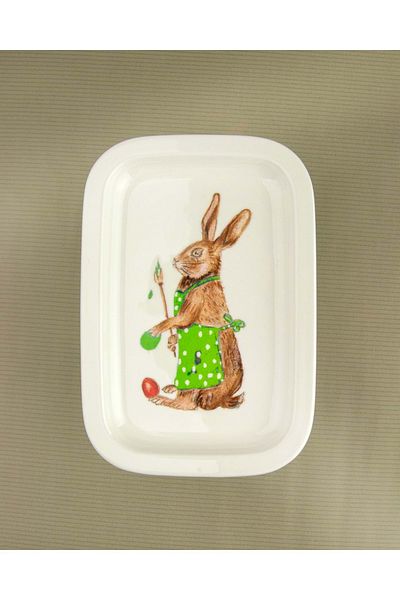 Bursa Porselen Dekor Green bunny porcelain butter bowl with lid