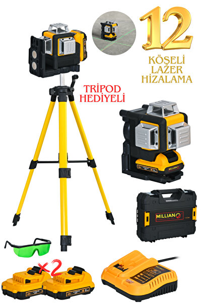 Millian İtaly Tripod Hediye 360° 12 Köşe 50 Metre Ölçüm 2 Akülü Çizgili Lazer...