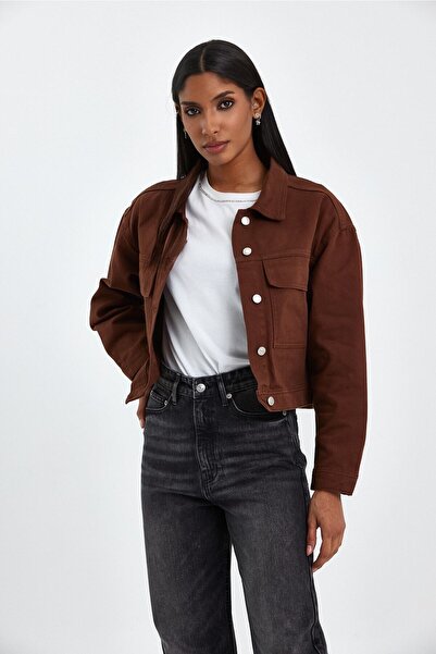BOSHETTI Kadın Koyu Kahve Oversize Crop Denim Ceket