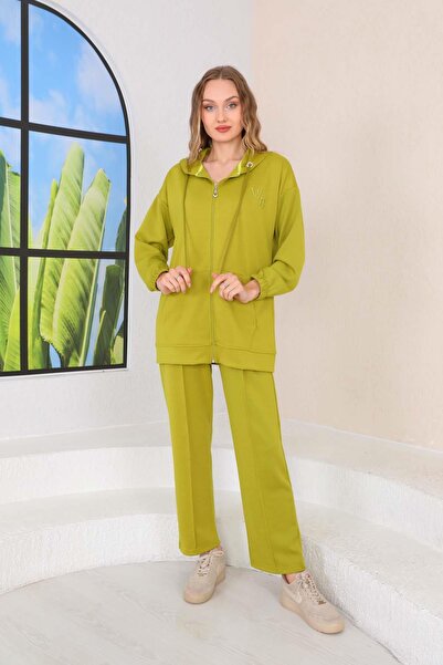 WestBound Women's Green Bottom Top Hijab Sports Tracksuit Double Suit Jacket Wide Leg Trousers