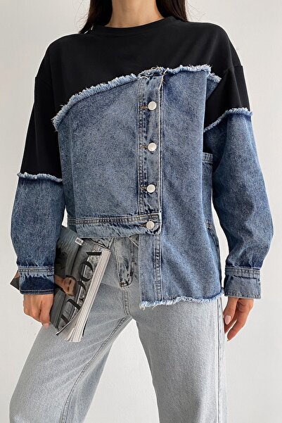 FEMELLE Sötétkék aszimmetrikus gombos farmer részletgazdag pulóver