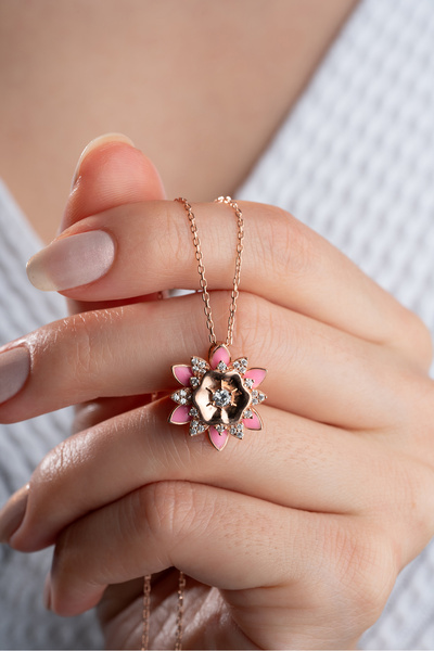 Silvano Jewelry 925 Ayar Gümüş Pembe Mineli Lotus Çiçeği Kolye