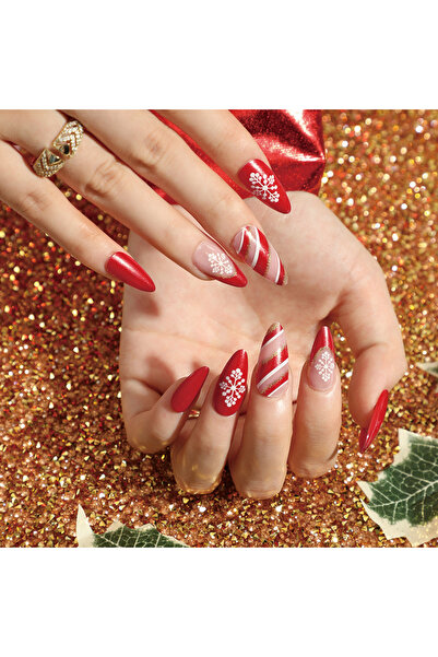 TipsArt Yılbaşı Desenli Kırmızı Simli Kar Desenli Takma Tırnak Seti (24 Adet)