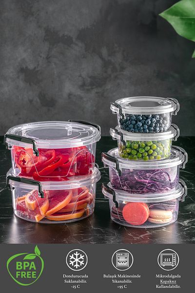 Meleni Home Set of 6 - Lenora Lockable Food Container with Lid - Round Transparent Storage Container 2x(300-600-1200ml)