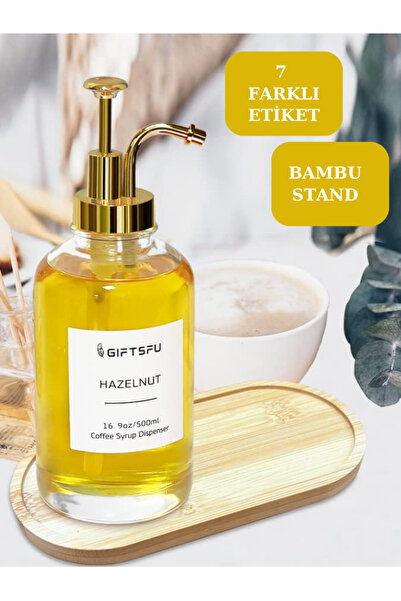 NEWNOW 2 li Kristal Cam  Bambu Altlıklı Yağlık Kahve Dağıtıcı Dispanser Şurupluk Gold 500 ml