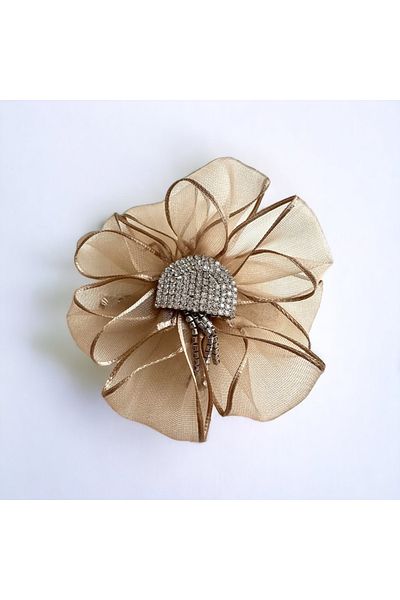 alsaccessories Щипка за коса с циркони и щипка в центъра върху кафяв органзен плат