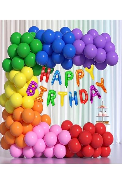 party mix Rainbow Balloon Chain 65 Pieces Balloons and Happy Birthday Written Foil Balloon Set